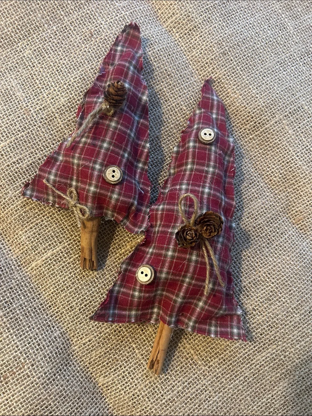 Handmade Plaid Fabric Tree Pair - Rustic Red Home Accent